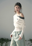 aomalm top, off shoulder knit top, korean fashion top, layered halter top, long sleeve summer top, waist cinching top, feminine korean blouse, soft drape top, elegant casual top, spring knit top, slim fit long sleeve top, romantic korean outfit