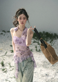 aomalm top, lace halter top, floral lace summer top, feminine korean top, purple lace blouse, asymmetric halter top, romantic summer top, sheer lace top women, french inspired top, slim fit summer blouse, elegant going out top, korean fashion top