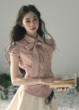 aomalm blouse, bow blouse women, puff sleeve blouse, feminine korean top, french style shirt, pink bow shirt, romantic summer blouse, tailored feminine top, waist slimming blouse, elegant korean fashion top, soft office blouse, pretty summer top