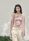 aomalm top, one shoulder top, blush pink top, asymmetric drape top, korean fashion top, feminine spring top, waist slimming top, romantic summer top, acetate blend top, draped shoulder blouse, elegant going out top, soft girl outfit top