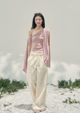 aomalm top, one shoulder top, blush pink top, asymmetric drape top, korean fashion top, feminine spring top, waist slimming top, romantic summer top, acetate blend top, draped shoulder blouse, elegant going out top, soft girl outfit top