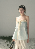 aomalm top, blue bandeau top, ribbon summer top, feminine korean top, french style camisole, ruffle neckline top, cotton summer top, sweet bandeau blouse, soft blue summer top, korean fashion top, romantic summer outfit, vacation top women
