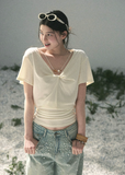 aomalm top, white v neck top, twist front top, korean fashion top, waist cinched top, feminine summer blouse, lyocell top women, soft commuter top, elegant casual top, white short sleeve top, korean style daily top, flattering summer top
