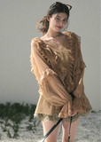aomalm blouse, ruffle chiffon blouse, feminine korean top, french romantic blouse, pink lace blouse, sheer summer blouse, soft girl chiffon top, korean fashion blouse, sweet ruffle top, airy summer shirt, romantic vacation top, delicate lace blouse