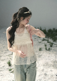 aomalm top, halter lace top, sheer layered top, feminine korean top, french lace summer top, two piece cami set, floral lace blouse, romantic summer top, lyocell halter cami, airy gauze top women, korean fashion blouse, delicate summer outfit
