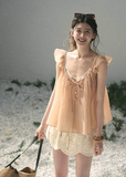 aomalm top, peach camisole top, flutter sleeve top, feminine korean top, layered summer top, two piece blouse women, acetate cotton top, tencel camisole, romantic summer blouse, korean fashion top, soft peach blouse, vacation outfit women, pretty summer top
