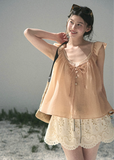 aomalm top, peach camisole top, flutter sleeve top, feminine korean top, layered summer top, two piece blouse women, acetate cotton top, tencel camisole, romantic summer blouse, korean fashion top, soft peach blouse, vacation outfit women, pretty summer top