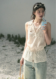 aomalm top, lace layered top, openwork summer top, feminine korean top, french lace blouse, drawstring waist top, sleeveless lace top, romantic summer blouse, korean fashion top, crochet style summer top, pretty vacation top, soft girl summer outfit