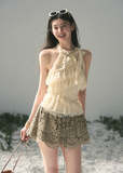 aomalm top, ruffle halter top, embroidered tulle top, feminine korean top, french lace summer top, romantic summer blouse, sleeveless lace top, tulle halter blouse, korean fashion top, soft girl summer outfit, vacation top women, delicate lace blouse