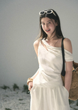 aomalm set, white two piece set, minimalist summer set, korean fashion set, asymmetric top set, wide leg trouser set, lyocell linen set, feminine korean outfit, white co ord set, elegant summer outfit, vacation set women, draped top and pants set