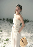 aomalm set, white two piece set, strapless top and pants set, tencel linen set, korean fashion set, feminine summer outfit, elegant summer co ord, white trouser set, minimal summer set, vacation outfit women, relaxed wide leg pants set, soft white summer set