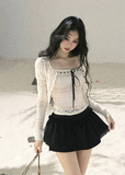 aomalm top set, lace cardigan and cami set, korean lace top, feminine summer top, french lace cropped top, ribbon bow cami top, romantic two piece top, ivory lace cardigan, square neck cami set, korean fashion top set, delicate lace summer outfit, layered lace top women