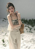 aomalm set, cotton two piece set, striped summer set, korean fashion set, camisole and pants set, wide leg pants set women, ivory summer co ord, feminine korean outfit, vacation outfit women, breathable cotton set, relaxed summer outfit, soft girl summer set