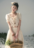 aomalm set, cotton two piece set, ivory skirt set, korean fashion set, puff sleeve top set, long skirt set women, romantic summer outfit, feminine korean outfit, vacation outfit women, cotton summer co ord, soft girl summer set, garden style outfit