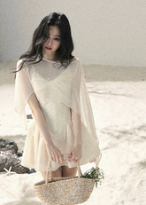 ivory mini dress set, sheer shawl dress, camisole mini dress, french style dress, korean fashion dress, romantic summer dress, feminine mini dress, elegant two piece dress set, aomalm dress, soft girl summer outfit