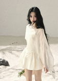 ivory mini dress set, sheer shawl dress, camisole mini dress, french style dress, korean fashion dress, romantic summer dress, feminine mini dress, elegant two piece dress set, aomalm dress, soft girl summer outfit