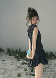 aomalm plaid dress, one shoulder mini dress, off shoulder summer dress, korean feminine dress, elegant plaid mini dress, french style summer dress, romantic mini dress, cake dress women, asymmetrical neckline dress, fitted plaid dress, date night summer dress, chic summer mini dress