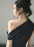 aomalm plaid dress, one shoulder mini dress, off shoulder summer dress, korean feminine dress, elegant plaid mini dress, french style summer dress, romantic mini dress, cake dress women, asymmetrical neckline dress, fitted plaid dress, date night summer dress, chic summer mini dress
