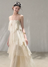 oakmoo dress, lace tiered dress, backless spaghetti strap dress, seaside vacation dress, lace maxi dress, korean fashion dress, romantic summer dress, ivory lace dress, brown lace dress, resort dress women, summer vacation outfit, layered lace dress, cake dress women, feminine summer dress