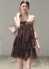 oakmoo dress, lace tiered dress, backless spaghetti strap dress, seaside vacation dress, lace maxi dress, korean fashion dress, romantic summer dress, ivory lace dress, brown lace dress, resort dress women, summer vacation outfit, layered lace dress, cake dress women, feminine summer dress