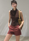 oakmoo top, halter neck top women, brown sleeveless top, lyocell acetate top, korean minimal fashion, waist cinching top, slim fit summer top, quiet luxury top, refined casual top, summer halter top, elegant sleeveless blouse, minimalist korean outfit