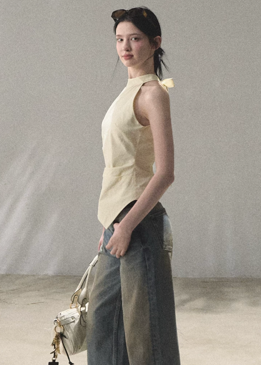 oakmoo top, ivory halter top, lyocell cotton top, korean minimal fashion, sleeveless summer top, waist cinching top, slim fit halter top, quiet luxury top, minimalist korean outfit, refined summer top, elegant casual top, breathable halter camisole