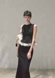 oakmoo set, black sleeveless top set, lace patchwork top, korean minimal fashion, waist cinching top, two piece summer set, quiet luxury outfit, refined casual set, sleeveless summer top, lace hem top, minimalist korean outfit, elevated casual outfit women