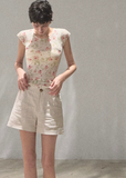 oakmoo top, floral linen top, korean minimal fashion, short sleeve summer top, slim fit floral t-shirt, linen blend top women, soft floral top, quiet luxury casual top, feminine summer top, korean summer outfit, breathable summer blouse, floral printed tee