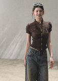 oakmoo top, v neck short sleeve shirt, retro summer blouse, korean minimal fashion, waist cinching shirt, textured summer top, puff sleeve blouse, soft vintage top, quiet luxury casual top, feminine summer shirt, refined casual outfit, korean summer top