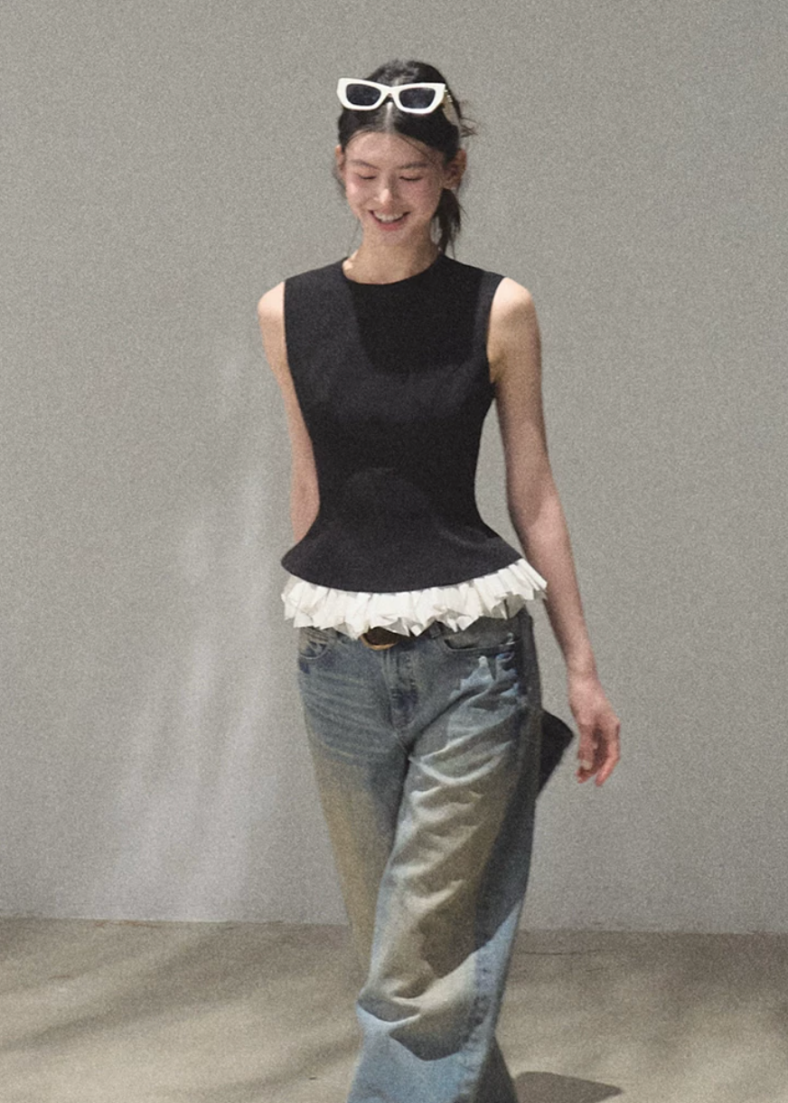 oakmoo set, black sleeveless top set, lace patchwork top, korean minimal fashion, waist cinching top, two piece summer set, quiet luxury outfit, refined casual set, sleeveless summer top, lace hem top, minimalist korean outfit, elevated casual outfit women