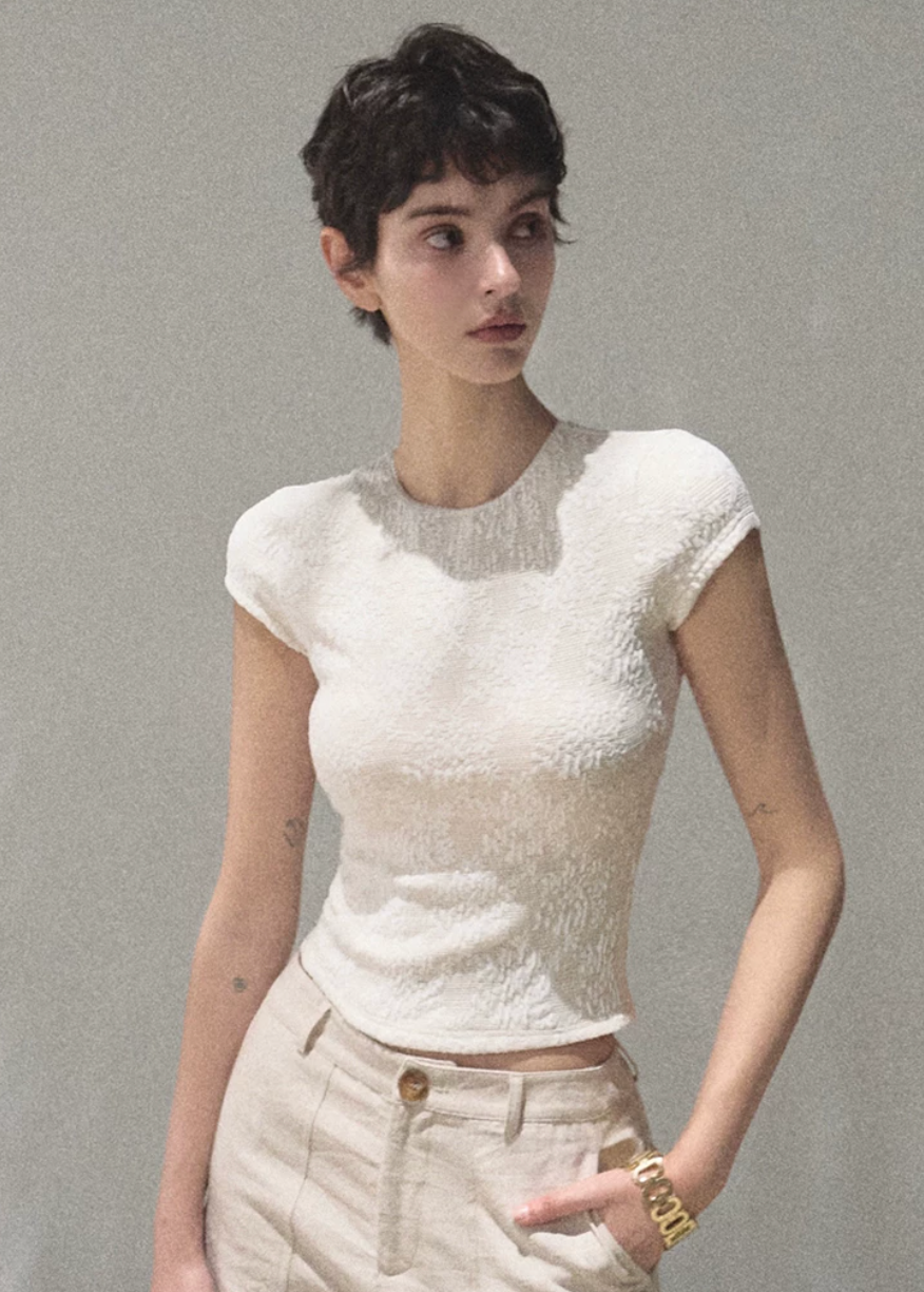 oakmoo top, lace patchwork top, short sleeve lace top, korean minimal fashion, slim fit summer top, floral lace t-shirt, white lace tee women, stretchy lace top, quiet luxury casual top, feminine summer top, refined everyday outfit, korean summer outfit
