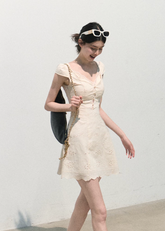 oakmoo dress, white cotton dress, lace patchwork dress, french lace dress, korean minimal dress, waist cinching dress, white summer dress, short white dress, long white dress, romantic summer dress, feminine vacation dress, cotton lace dress