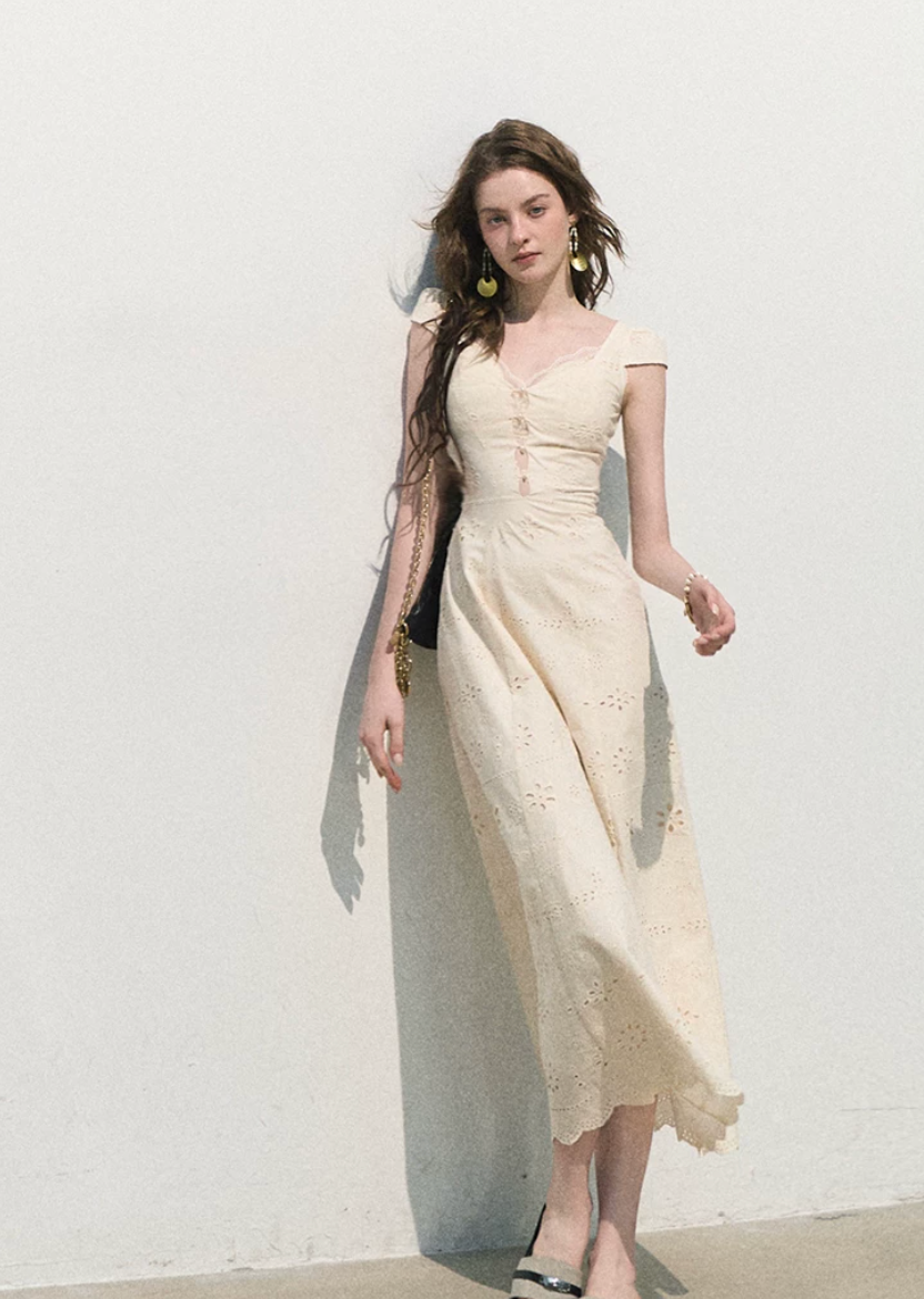 oakmoo dress, white cotton dress, lace patchwork dress, french lace dress, korean minimal dress, waist cinching dress, white summer dress, short white dress, long white dress, romantic summer dress, feminine vacation dress, cotton lace dress
