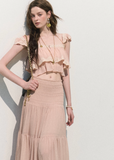 oakmoo skirt, pleated chiffon skirt, a-line maxi skirt, korean minimal fashion, long summer skirt, blush beige skirt, romantic maxi skirt, soft feminine skirt, resort skirt women, flowy summer skirt, elegant casual skirt, korean summer outfit