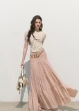 oakmoo skirt, pleated chiffon skirt, a-line maxi skirt, korean minimal fashion, long summer skirt, blush beige skirt, romantic maxi skirt, soft feminine skirt, resort skirt women, flowy summer skirt, elegant casual skirt, korean summer outfit