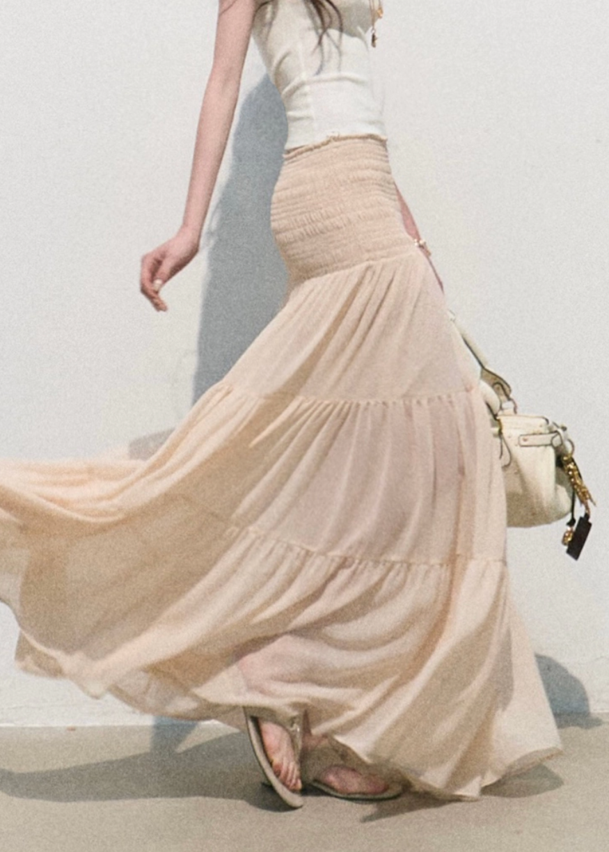 oakmoo skirt, pleated chiffon skirt, a-line maxi skirt, korean minimal fashion, long summer skirt, blush beige skirt, romantic maxi skirt, soft feminine skirt, resort skirt women, flowy summer skirt, elegant casual skirt, korean summer outfit