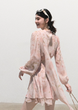 pink mini dress, chiffon mini dress, romantic summer dress, v neck pink dress, waist cinching dress, feminine vacation dress, long sleeve mini dress, elegant pink dress, oakmoo dress, resort mini dress