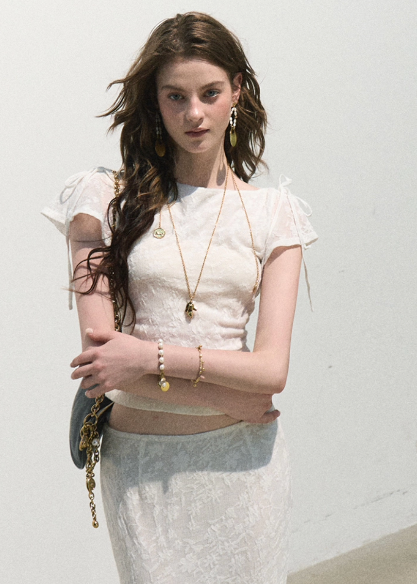 oakmoo top, jacquard short sleeve top, white slim top, korean minimal fashion, waist skimming t-shirt, textured summer top, feminine white top, vintage jacquard top, soft summer blouse, quiet luxury casual top, slim fit summer top, korean summer outfit