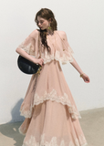 oakmoo dress, pink chiffon maxi dress, lace trim dress, off shoulder resort dress, feminine summer maxi dress, romantic vacation dress, seaside chiffon dress, elegant pink long dress, lace resort dress, soft occasion dress