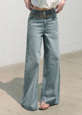 oakmoo jeans, wide leg jeans women, gradient denim jeans, vintage washed jeans, silver detail jeans, loose straight leg jeans, korean minimal fashion, summer denim pants, blue wide leg jeans, cotton denim jeans, casual city outfit, relaxed summer jeans