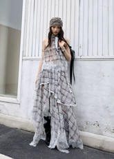 check two piece set, lace patchwork skirt set, korean fashion set, romantic maxi skirt set, vintage plaid outfit, feminine two piece dress set, irregular lace set, artistic summer outfit, jnylon set, elegant vacation outfit
