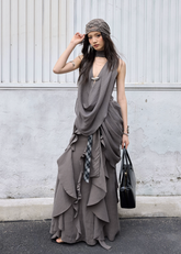 jnylon skirt, ruffle maxi skirt, korean fashion skirt, layered long skirt, gray maxi skirt, irregular ruffle skirt, stylish korean outfit, urban skirt women, modal skirt, plaid patchwork skirt, statement long skirt, korean street fashion