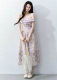 fragileheart dress, purple floral dress, off shoulder floral dress, korean feminine dress, romantic summer dress, lavender mini dress, floral korean fashion, vintage floral dress, feminine date dress, soft girl dress, summer floral outfit, elegant korean dress