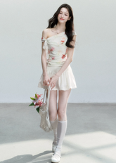 fragileheart set, floral mesh top, cross shoulder top, korean feminine set, summer flower outfit, printed mesh top, mini skirt set, soft girl summer outfit, korean summer fashion, floral two piece set, feminine vacation outfit, romantic mesh top