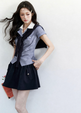 plaid layered top, korean campus top, sweet preppy top, pink plaid shirt top, faux layered blouse, feminine korean fashion top, fragileheart top, summer campus outfit, knit scarf top set, cute preppy summer top, soft girl korean top, honor student style top