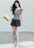 fragileheart top, doll collar t-shirt, peter pan collar top, korean feminine top, slim short sleeve top, preppy summer top, campus style top, cute korean fashion, pink collar top, gray collar top, soft girl top, feminine fitted tee