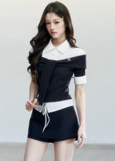 fragileheart top, korean collegiate top, faux two piece shirt, tie waist shirt top, preppy korean fashion, layered knit shirt, feminine campus top, korean preppy blouse, slim collar top, cute korean outfit, campus style shirt, soft girl fashion top