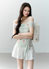 fragileheart top, floral off shoulder top, korean feminine top, mint floral top, slimming summer top, off shoulder t-shirt, romantic floral top, soft girl top, feminine korean fashion, summer date top, draped shoulder top, floral mesh top