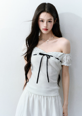 fragileheart top, square neck ribbon top, vintage korean top, off shoulder t-shirt, waist cinching top, polka dot sleeve top, feminine korean fashion, literary girl top, sweet ribbon tee, korean summer top, romantic fitted top, soft girl fashion