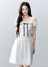 fragileheart top, square neck ribbon top, vintage korean top, off shoulder t-shirt, waist cinching top, polka dot sleeve top, feminine korean fashion, literary girl top, sweet ribbon tee, korean summer top, romantic fitted top, soft girl fashion